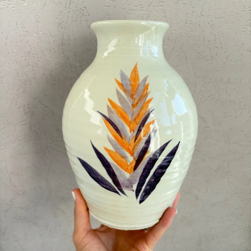 Hand Painted Tropical Floral Ceramic Pottery Vase Cream Orange Purple 9 Inch